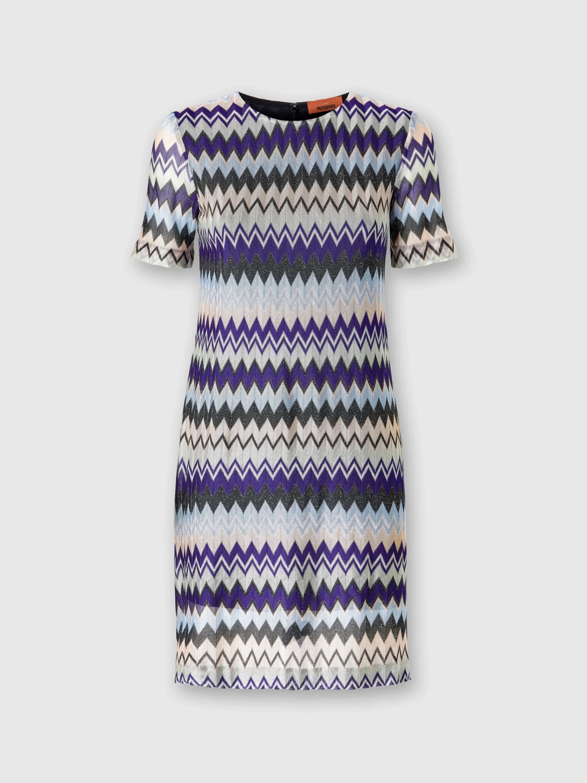 Short-sleeved mini-dress in zig zag lamé viscose