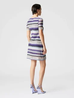 Short-sleeved mini-dress in zig zag lamé viscose