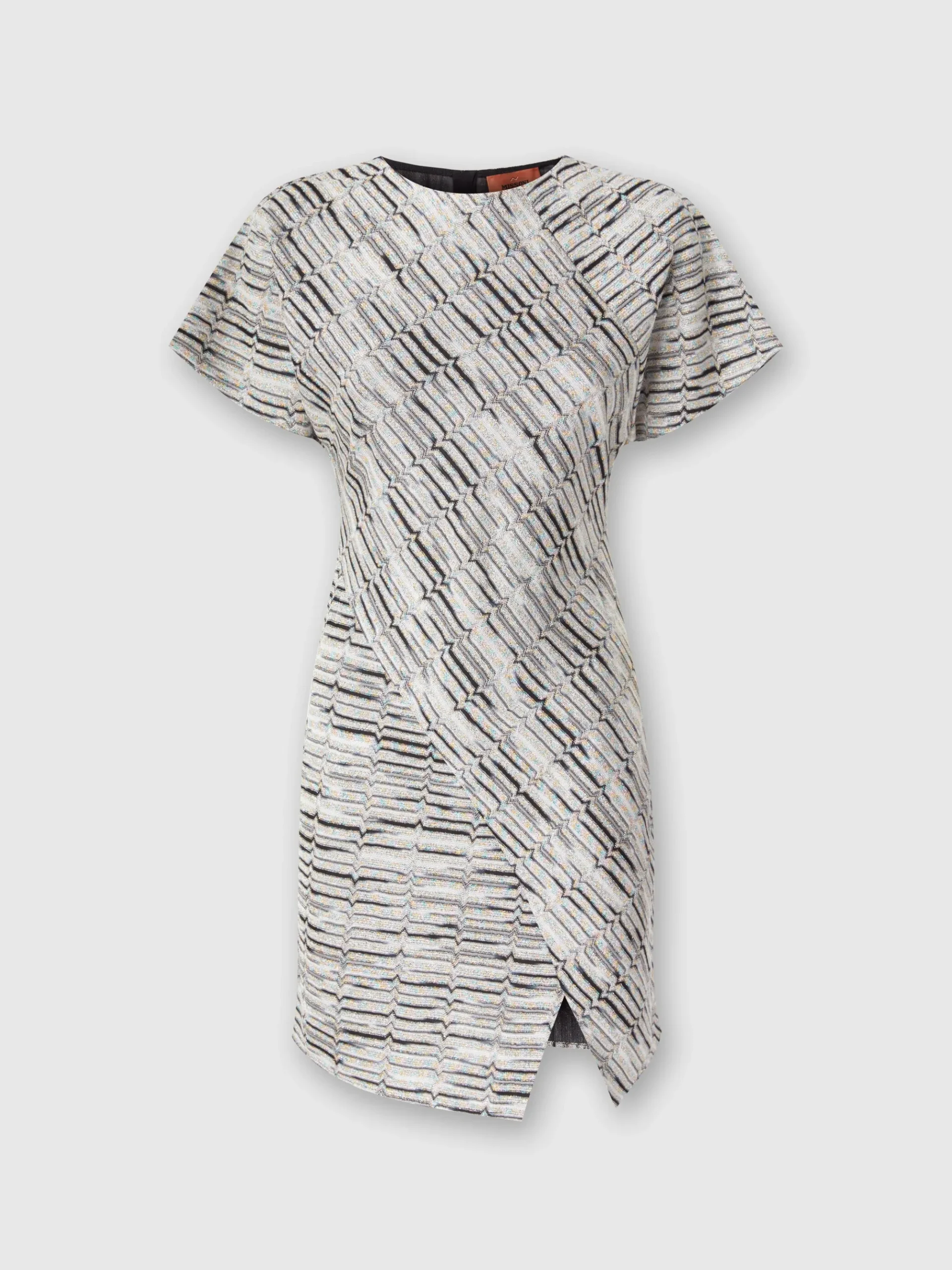 Short-sleeved mini-dress with Greek lamé motif and slit