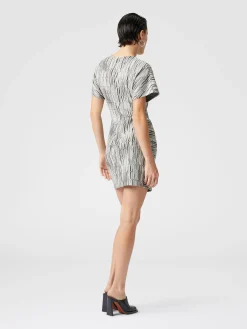 Short-sleeved mini-dress with Greek lamé motif and slit