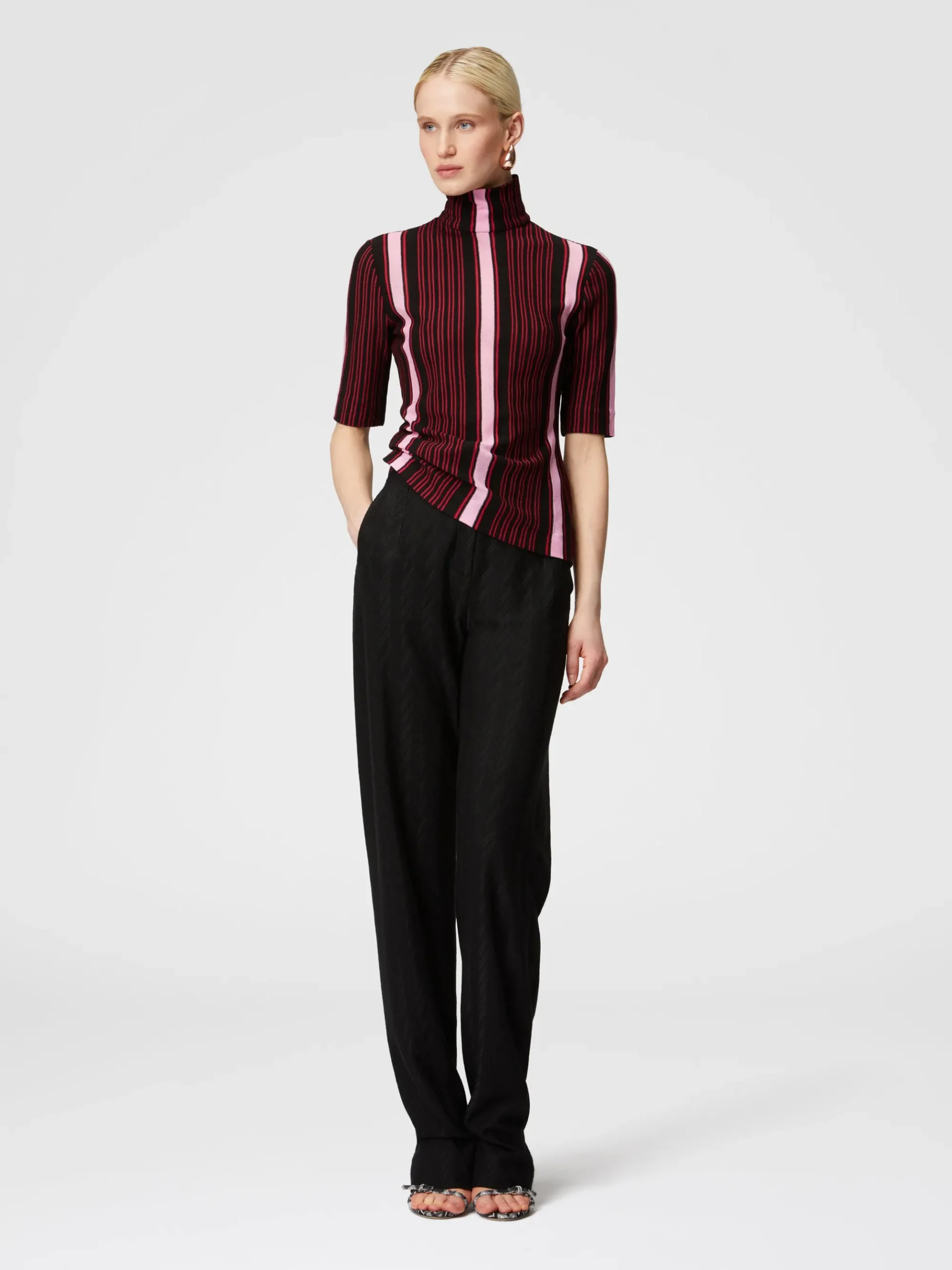 Short-sleeved turtleneck in striped cotton and viscose
