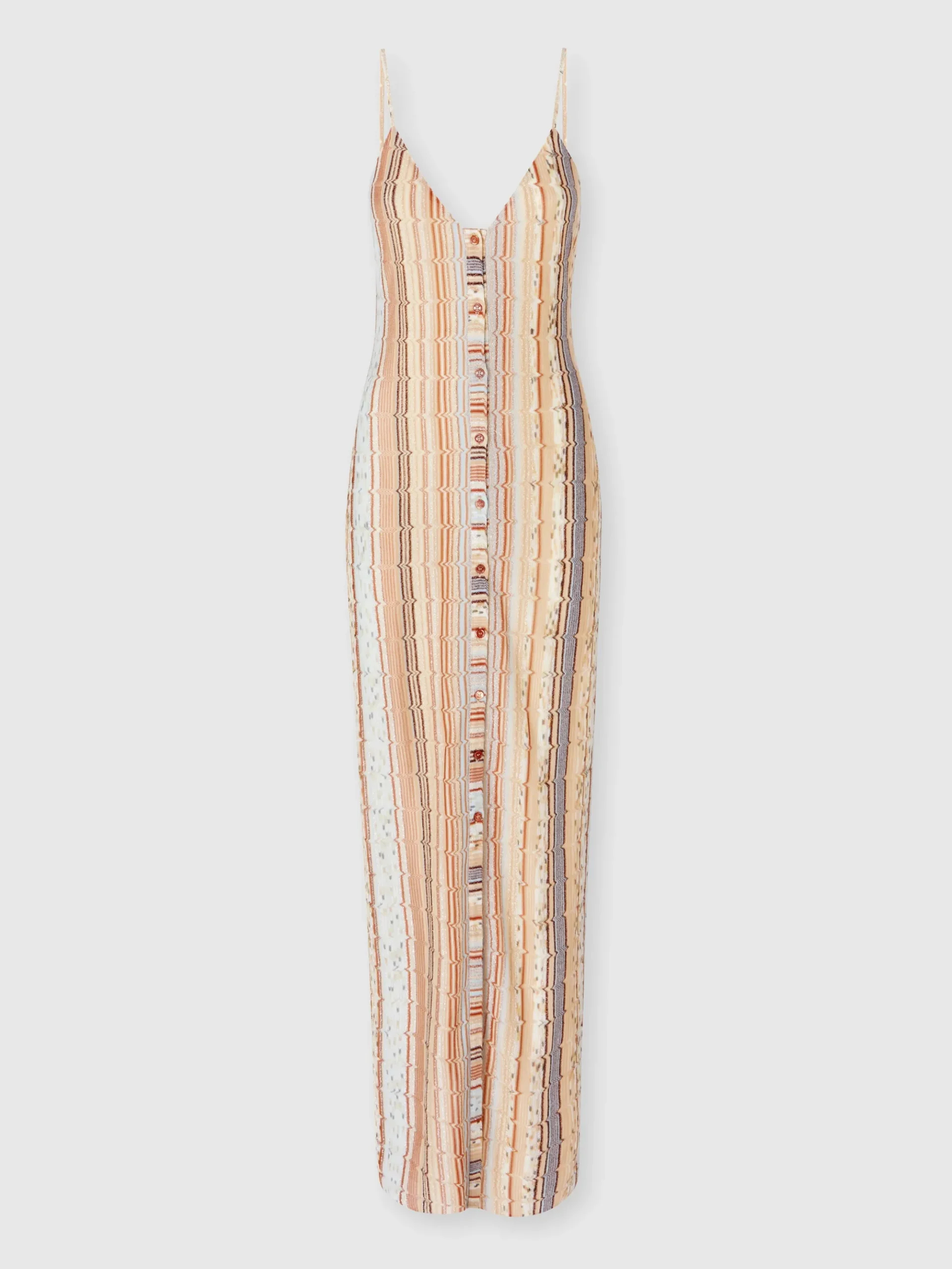 Sleeveless dress with zig zag lamé fret and central button placket
