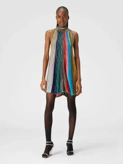 Sleeveless mini-dress in lamé pleated knit