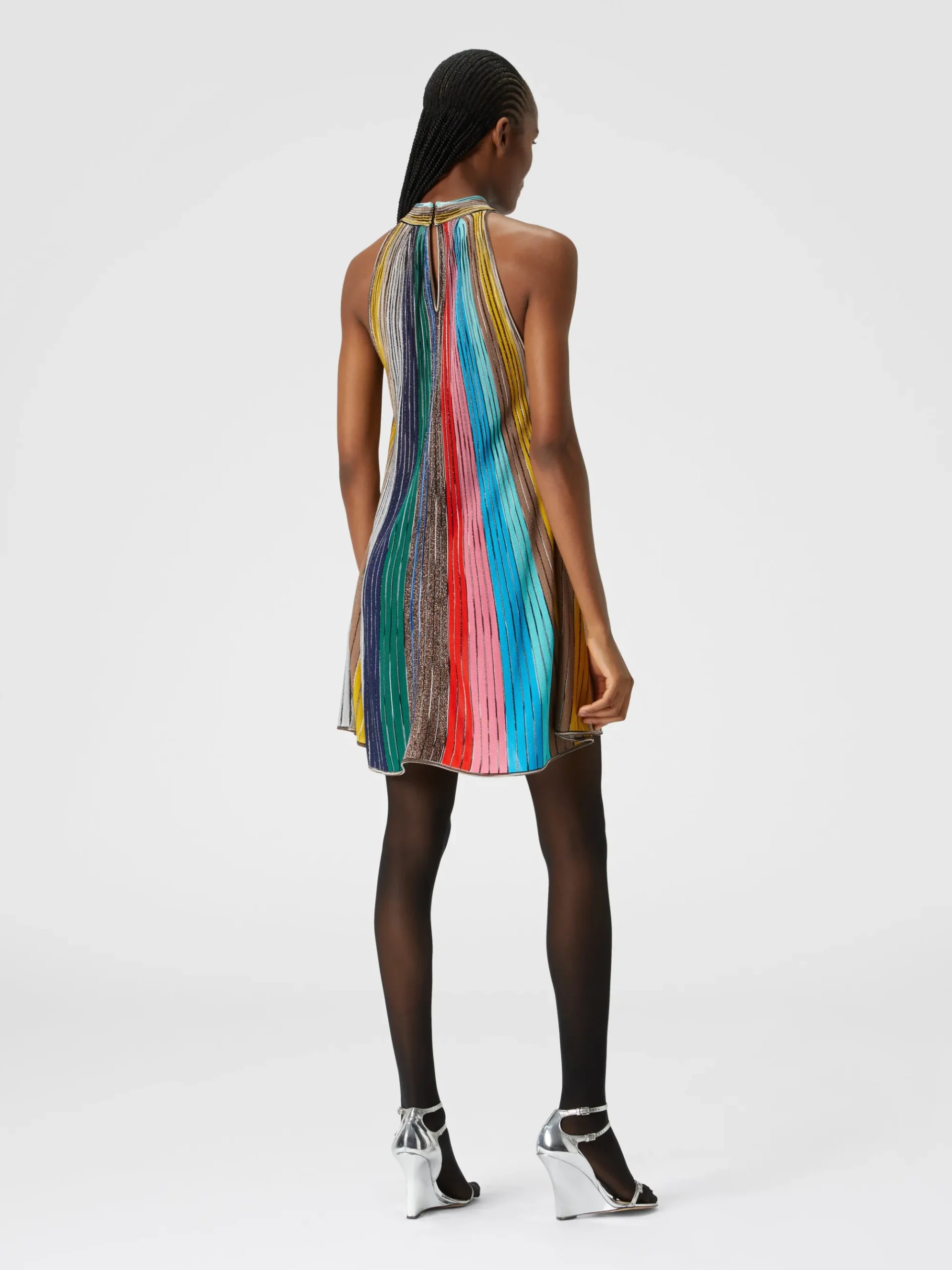 Sleeveless mini-dress in lamé pleated knit