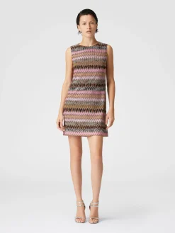 Sleeveless mini-dress in zig zag lamé viscose