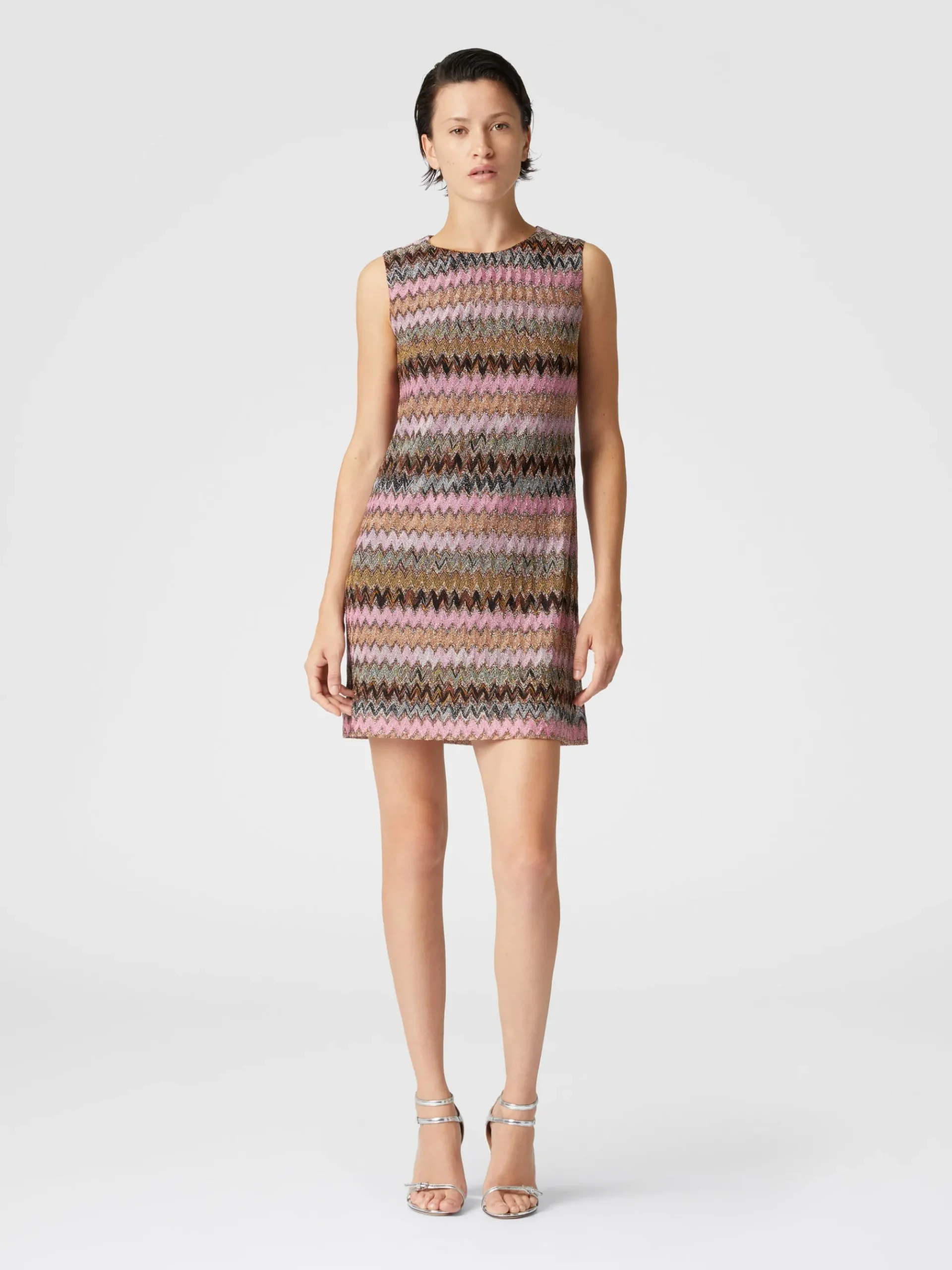 Sleeveless mini-dress in zig zag lamé viscose