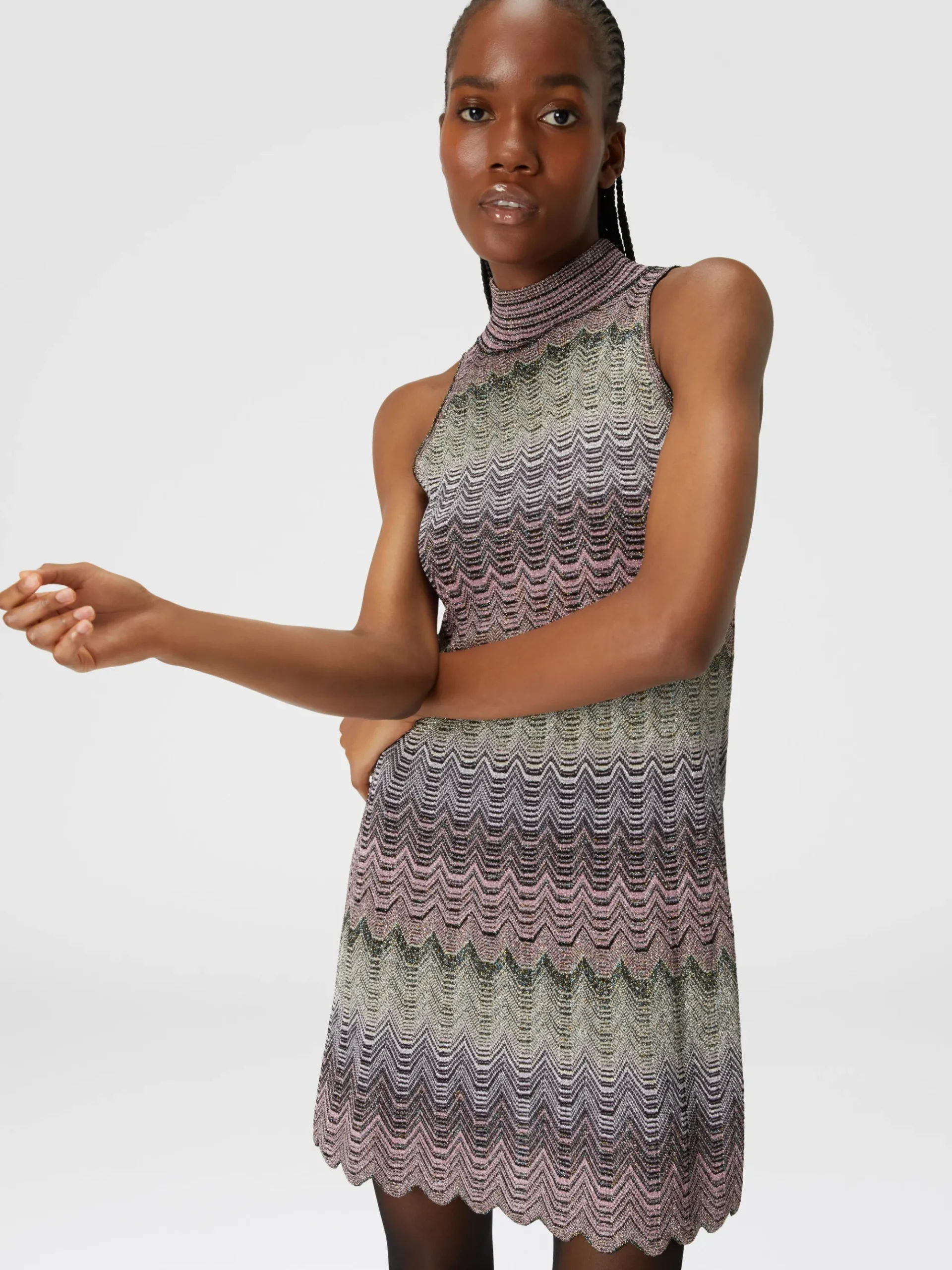 Sleeveless mini-dress with lamé Greek motif