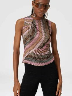 Sleeveless top in zig zag lamé viscose blend