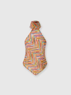 Sleeveless turtleneck top in printed cotton and silk blend