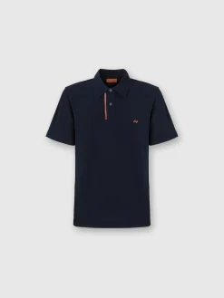 Solid color cotton piqué polo shirt with zigzag embroidery and contrasting detail