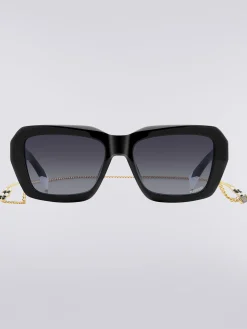 Square acetate sunglasses with a metal chain