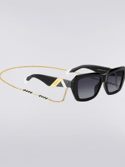 Square acetate sunglasses with a metal chain