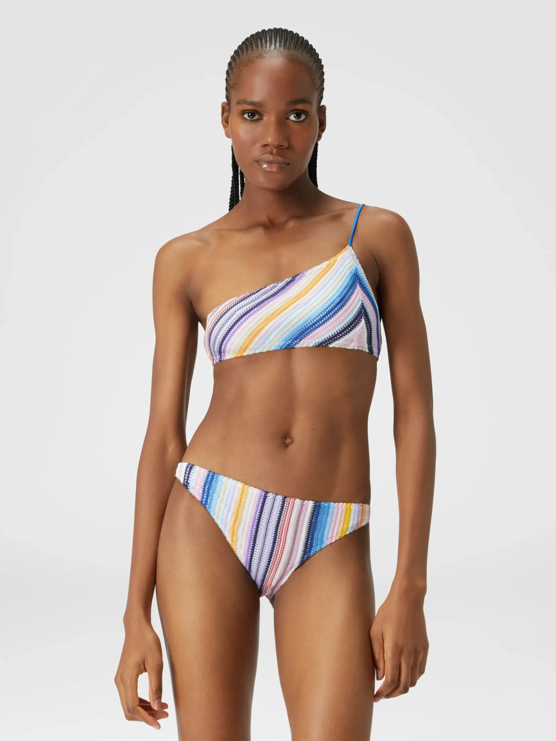 Striped one-shoulder crochet bikini