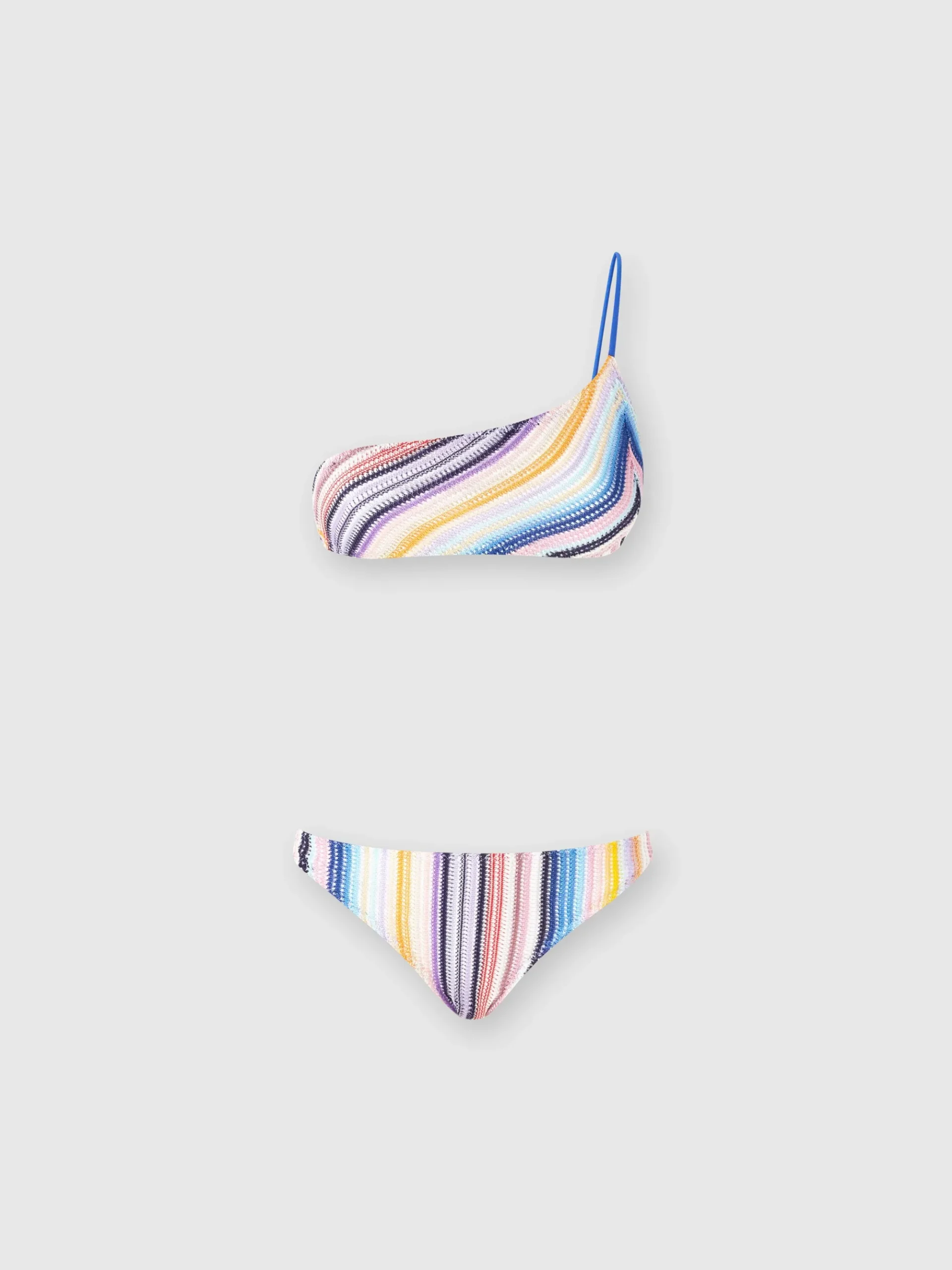 Striped one-shoulder crochet bikini