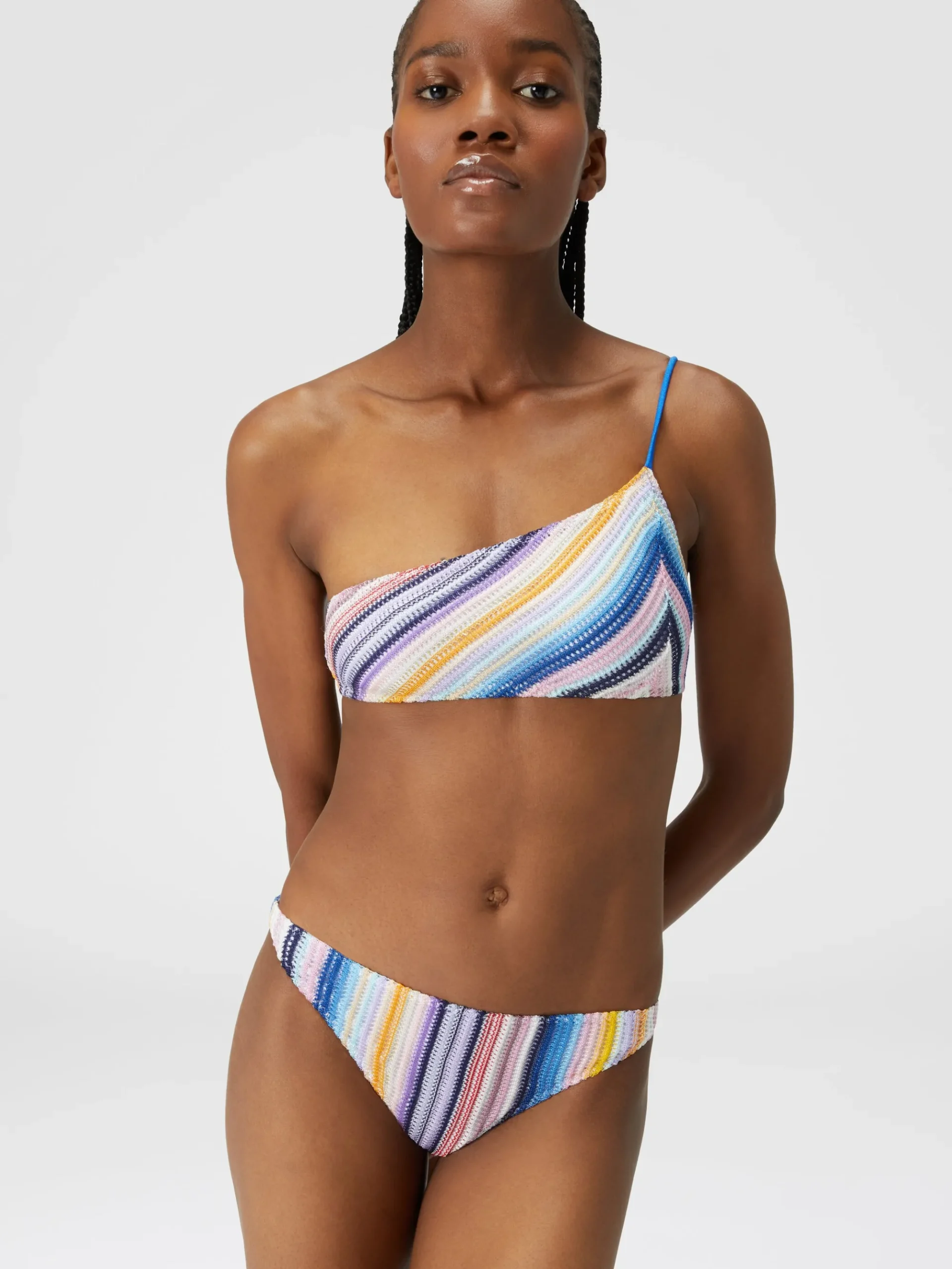Striped one-shoulder crochet bikini