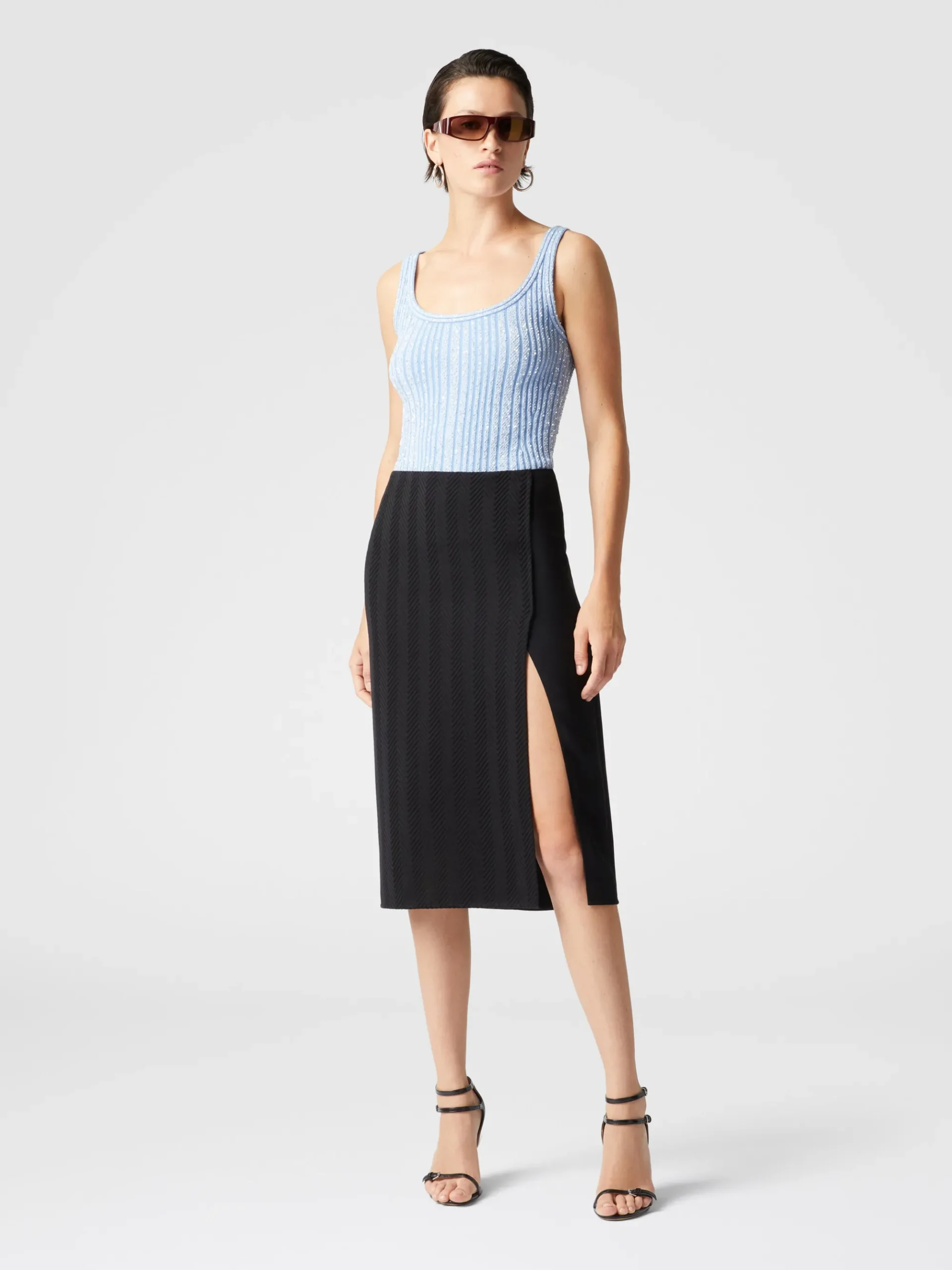 Tonal cotton and zig zag viscose midi skirt with slit