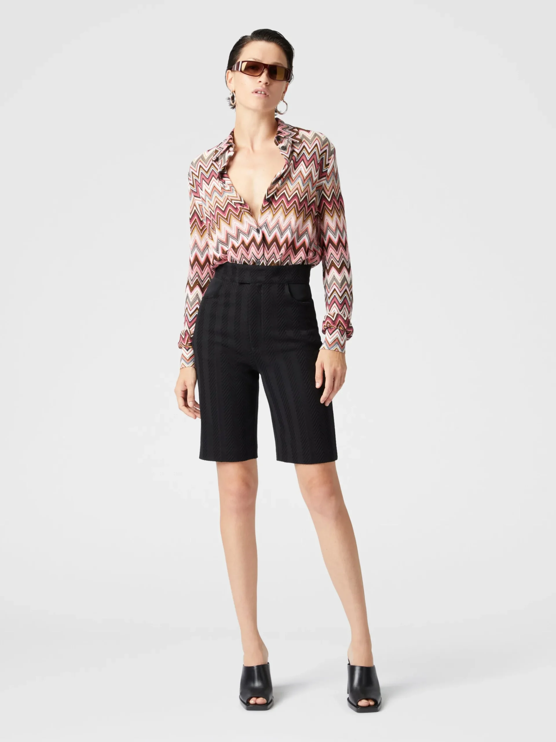 Tone-on-tone zigzag cotton and viscose Bermuda shorts