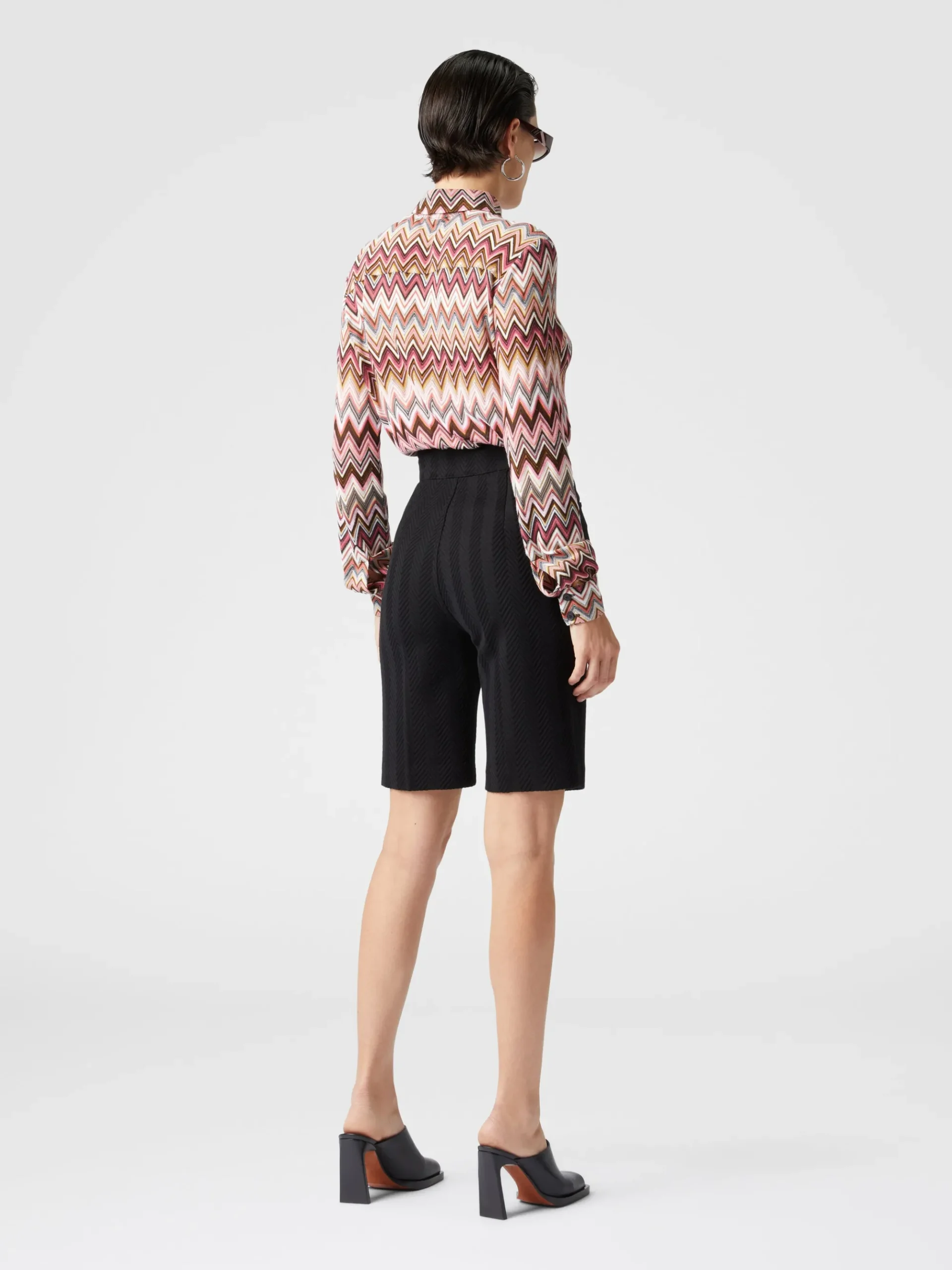 Tone-on-tone zigzag cotton and viscose Bermuda shorts