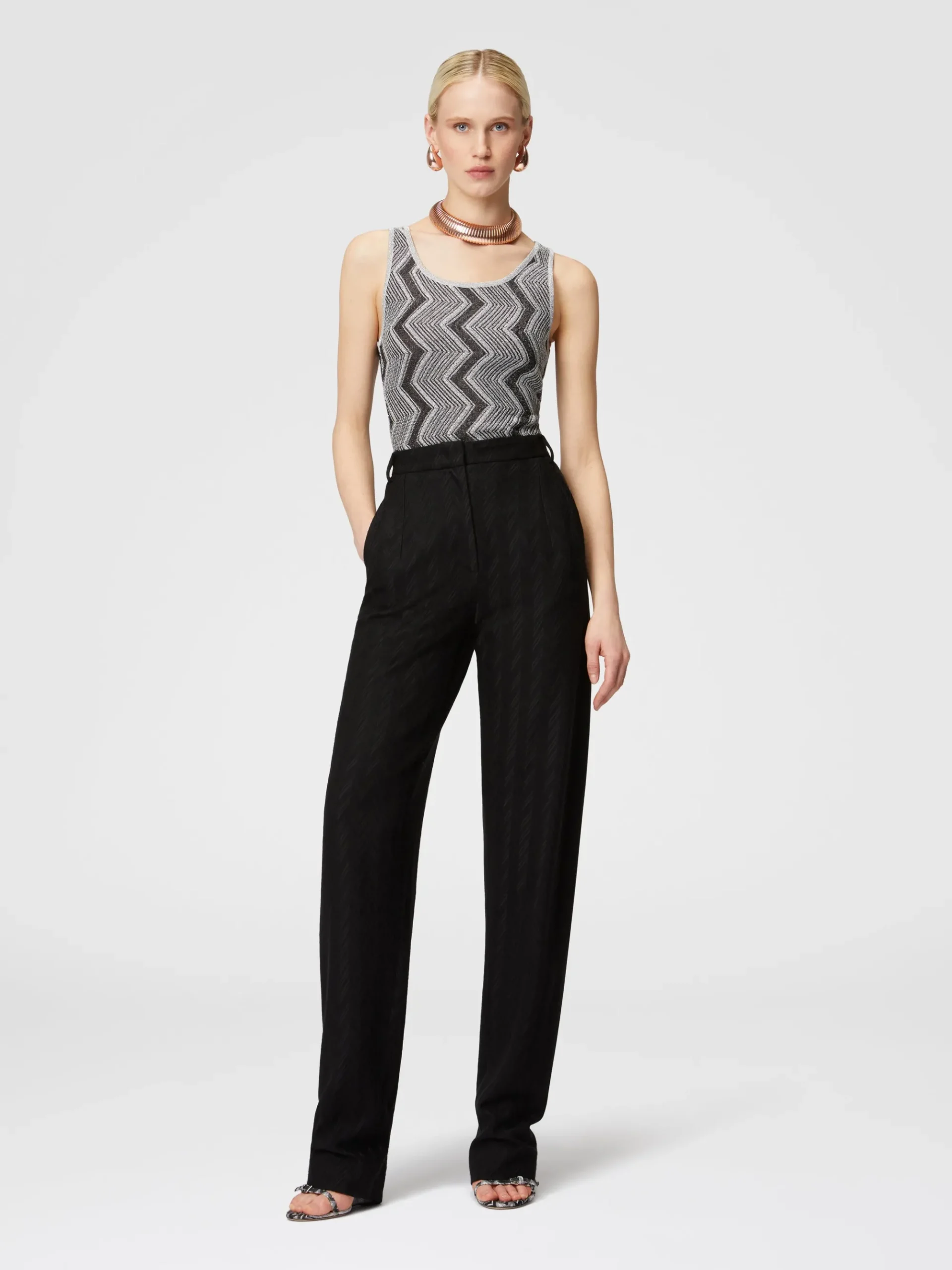 Tone-on-tone zigzag motif carrot-fit trousers