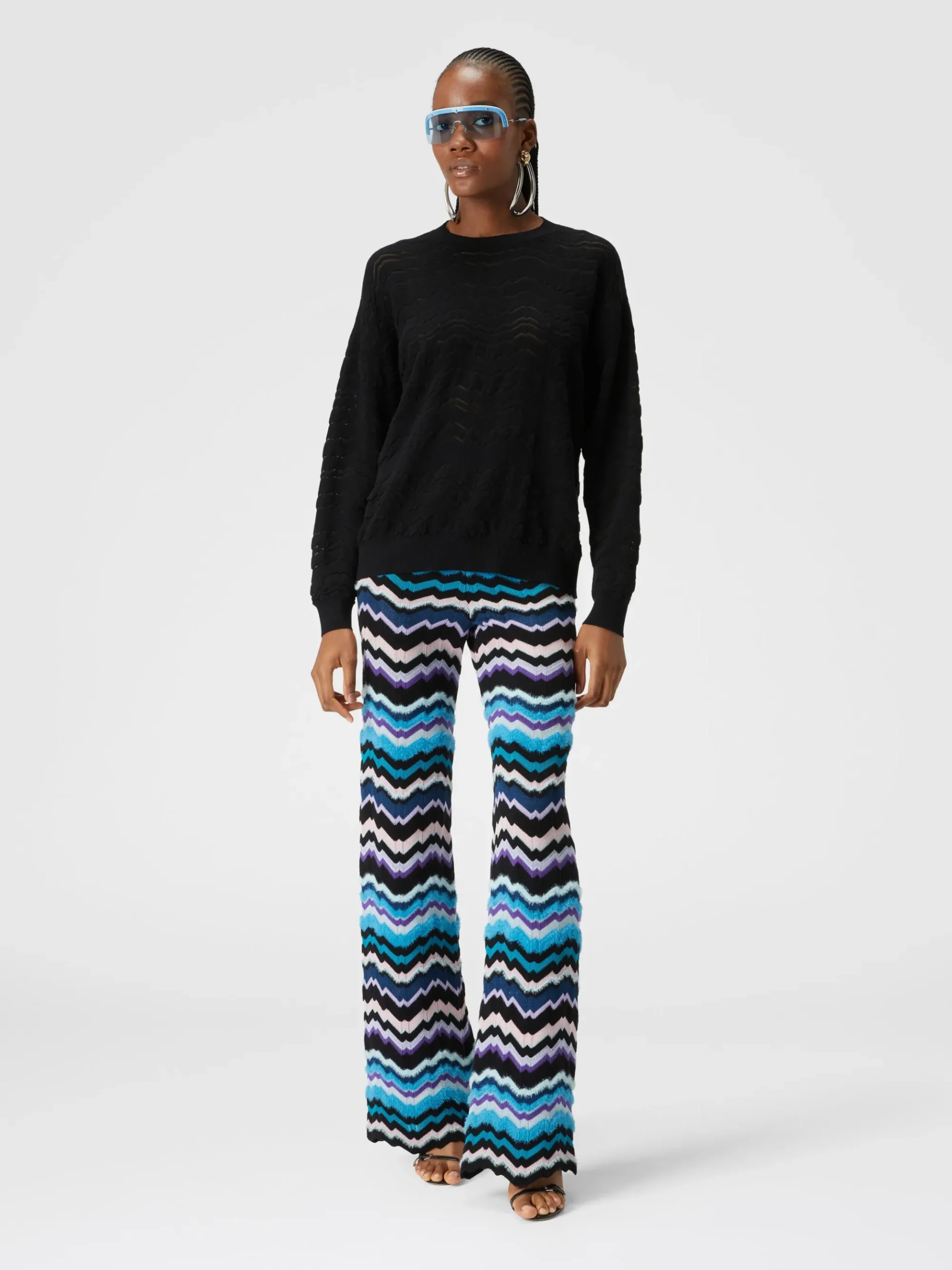 Trousers with Greek zig zag motif in viscose and wool