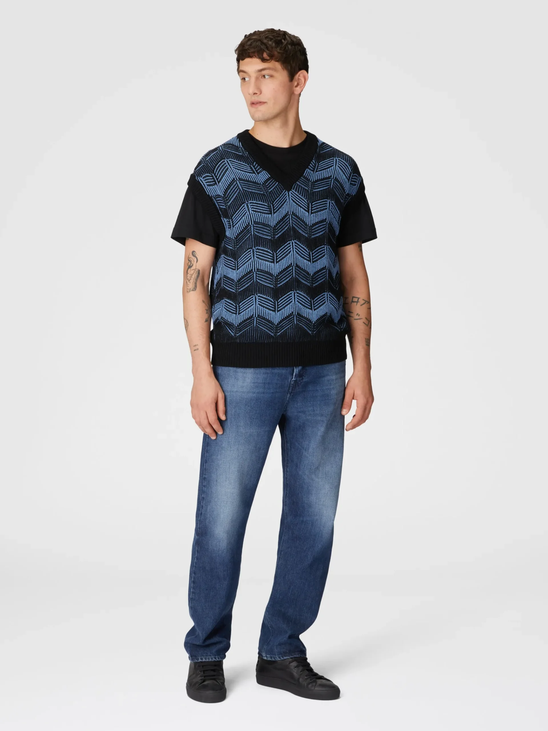 Vest in virgin wool and zigzag cotton