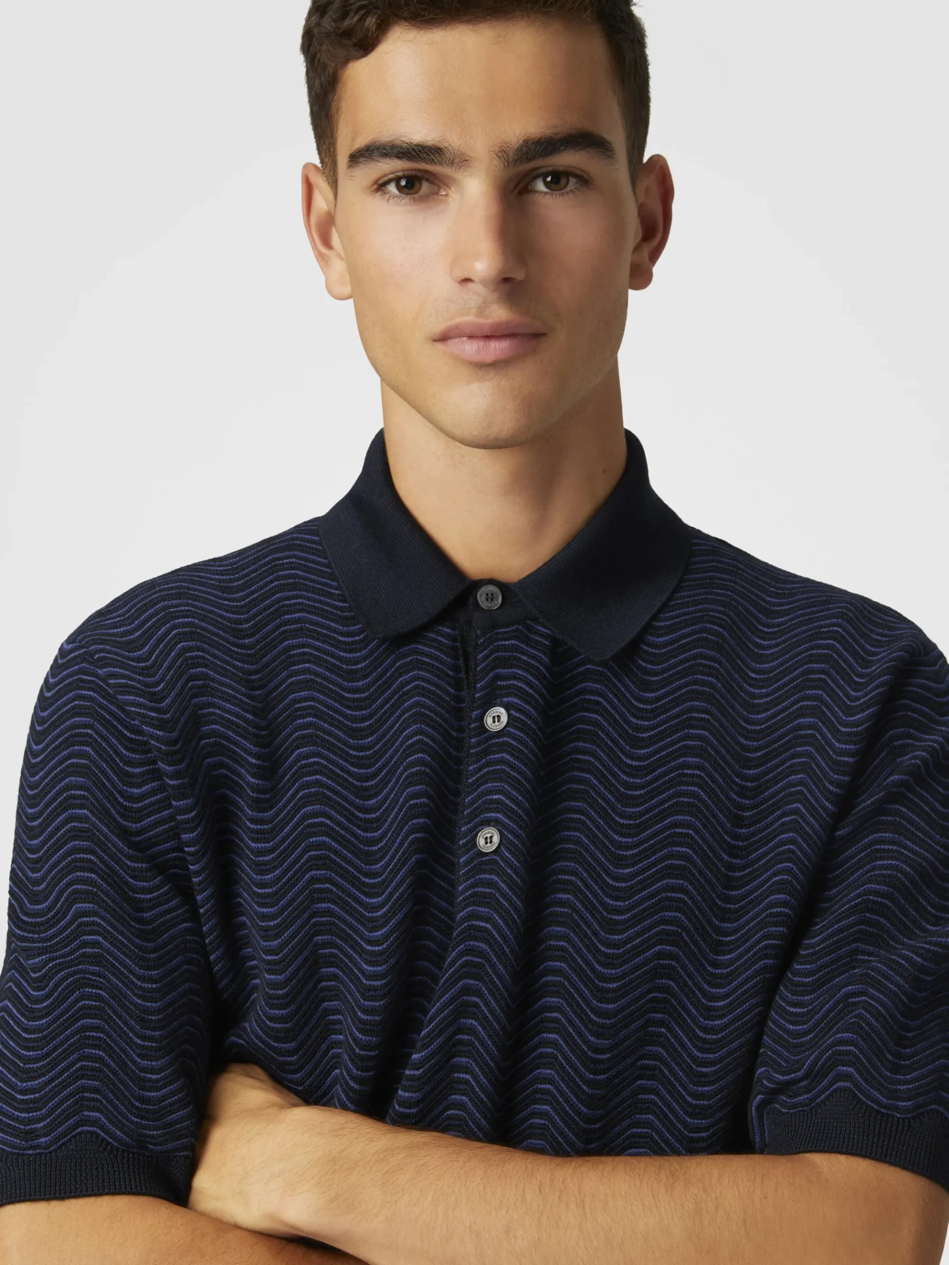 Virgin wool and viscose polo shirt with wave motif