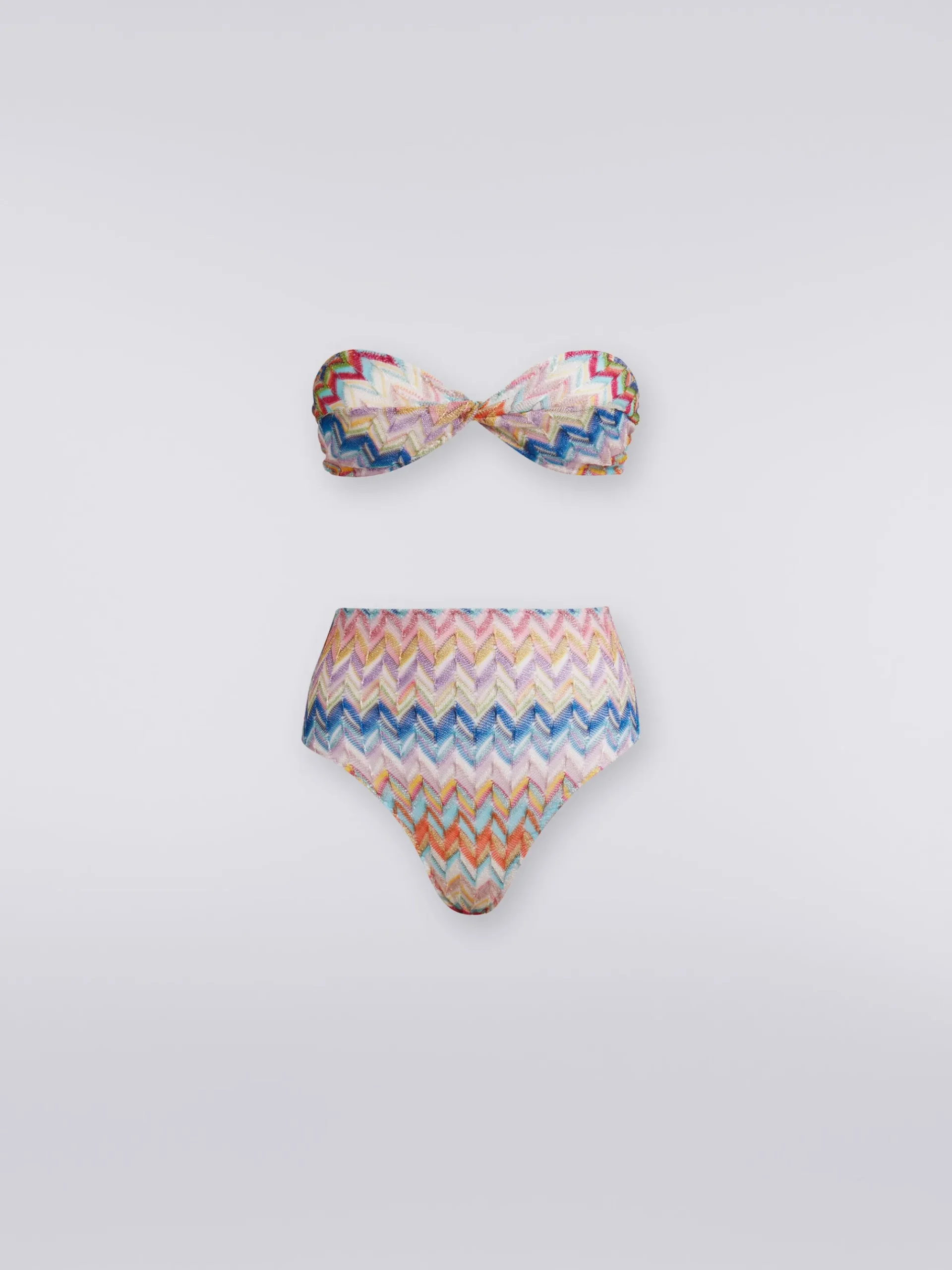 Viscose and lurex bikini with torchon top and high briefs