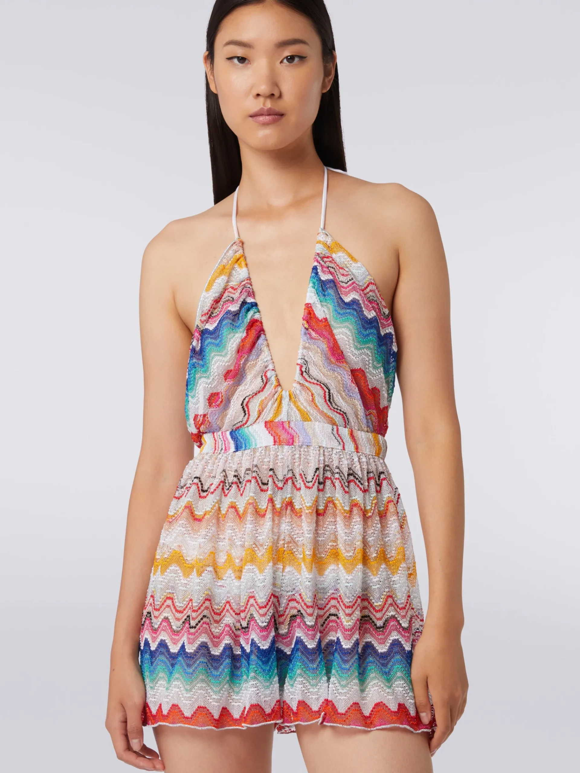 Wave motif romper with lurex