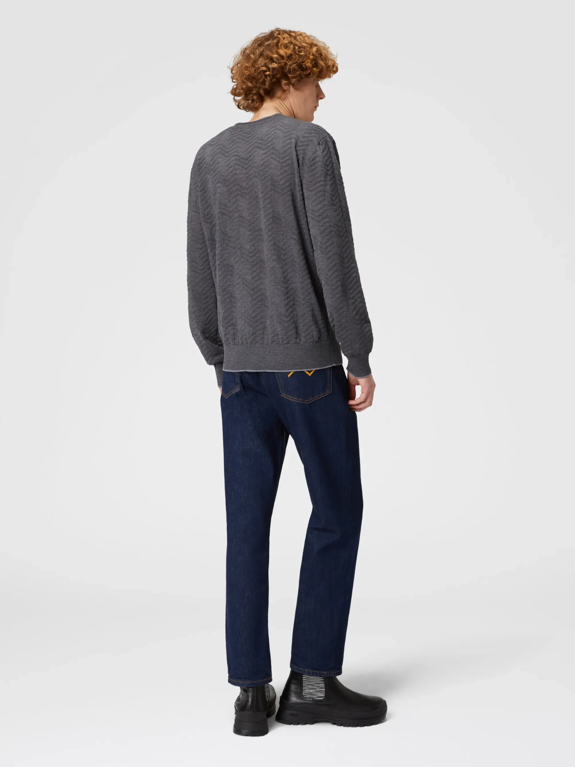 Wool crewneck pullover with tone-on-tone chevron