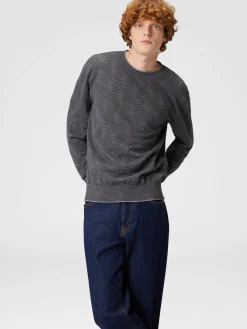 Wool crewneck pullover with tone-on-tone chevron