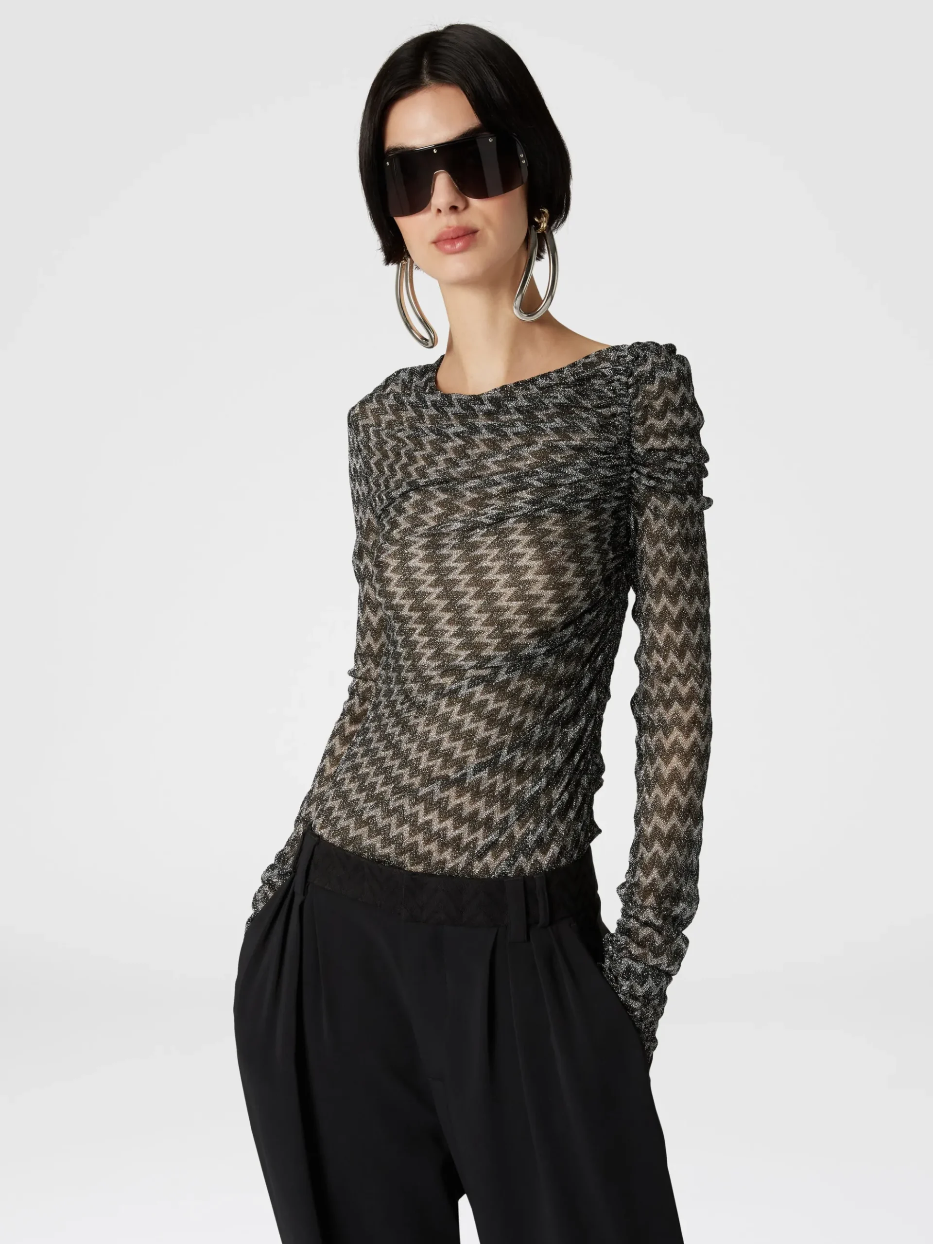 Zig zag lamé viscose blend gather top