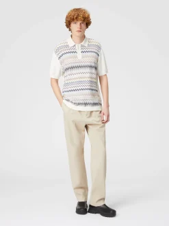 Zigzag cotton knit polo shirt with solid color inserts