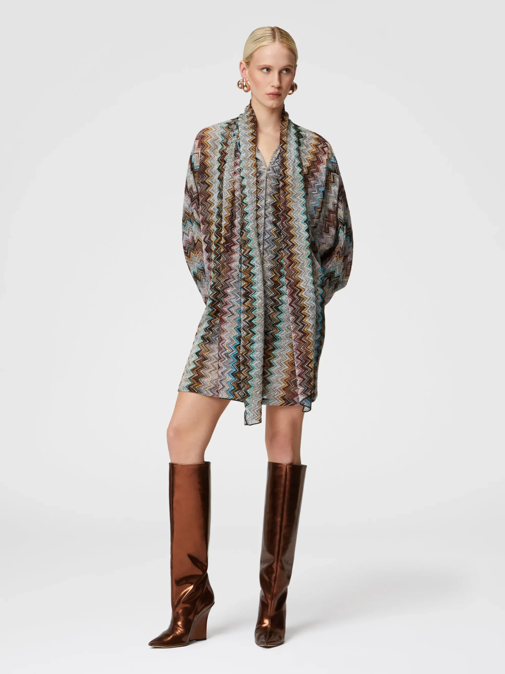Zigzag lamé dress with scarf collar