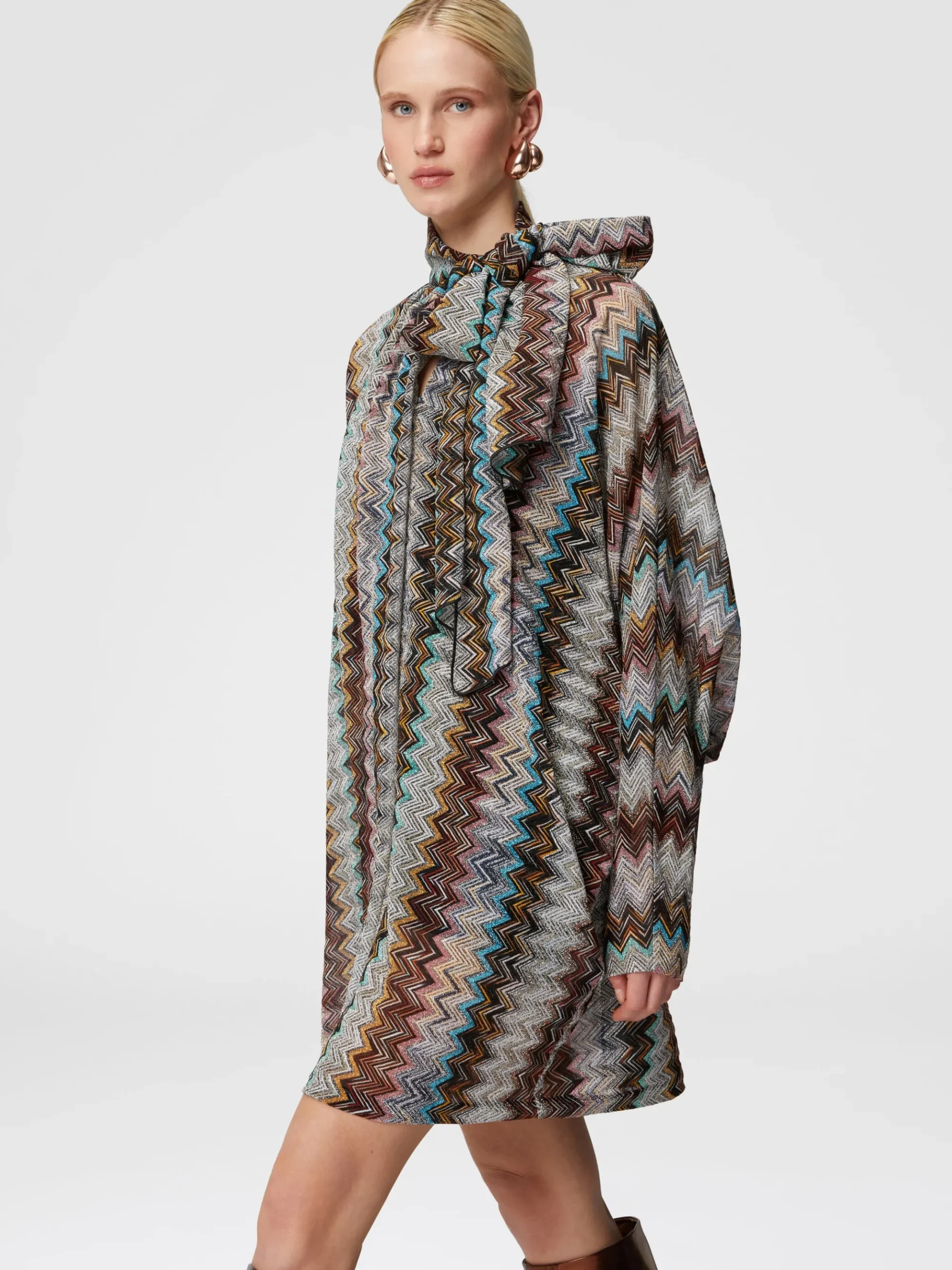 Zigzag lamé dress with scarf collar