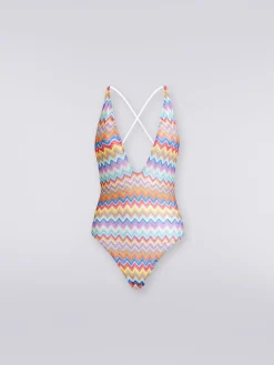 Zigzag print one-piece swimming costume with V-neckline
