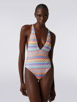 Zigzag print one-piece swimming costume with V-neckline