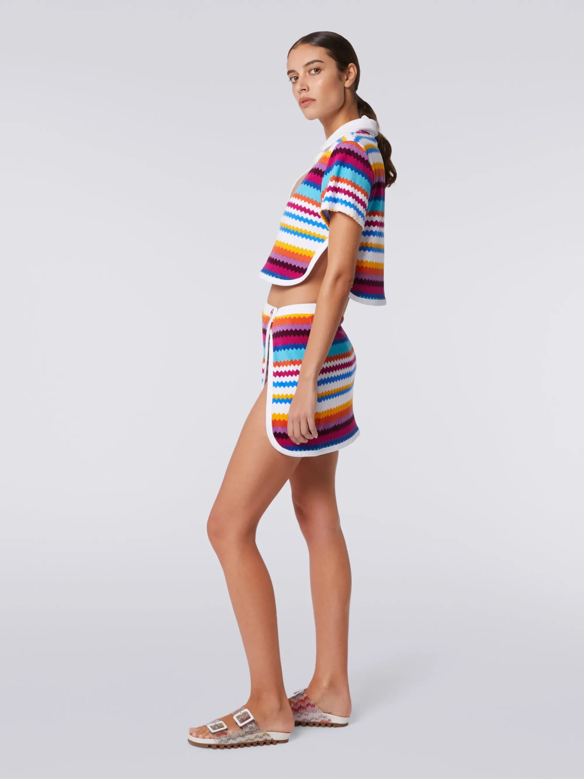 Zigzag terry polo shirt crop top