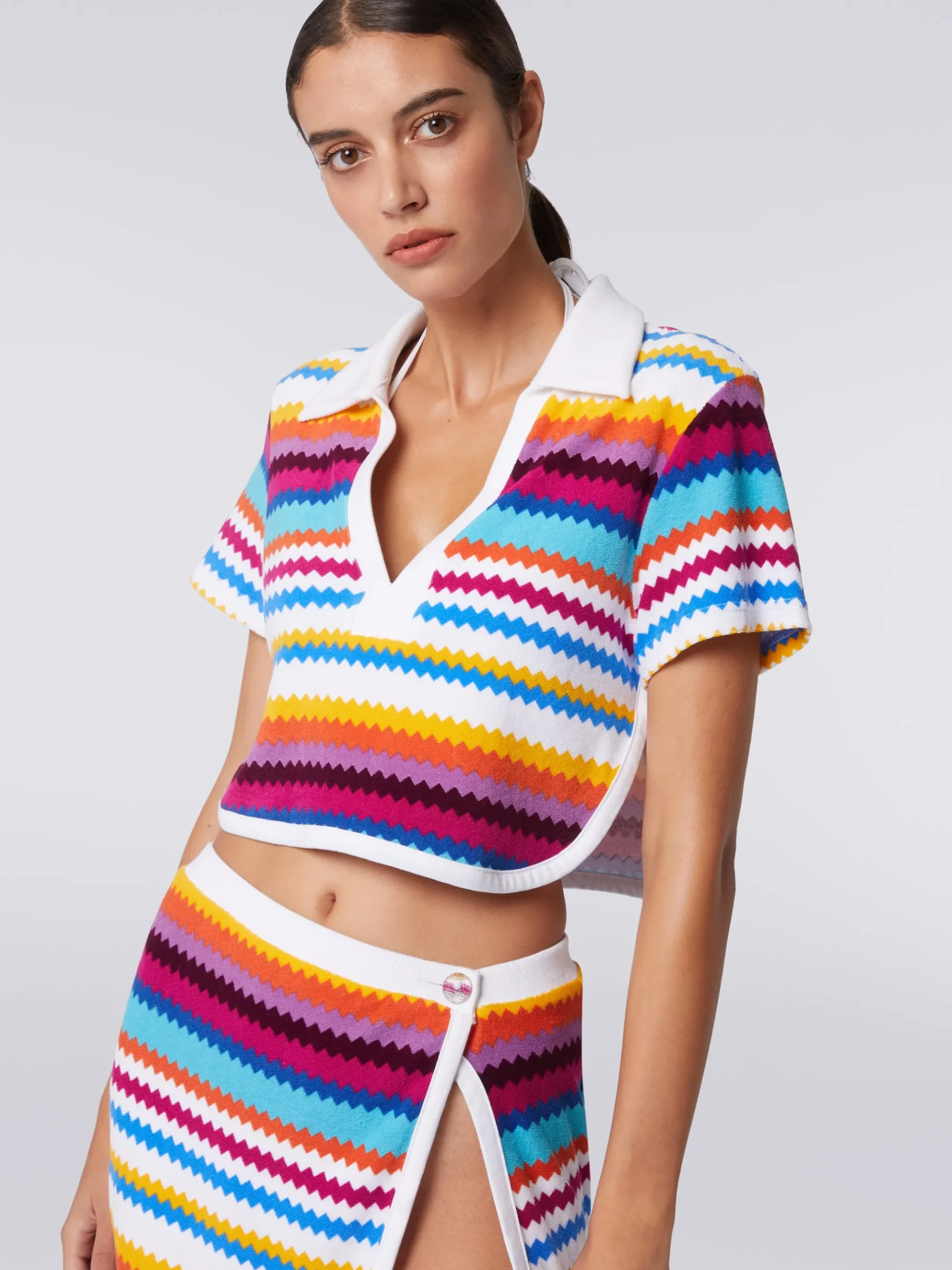 Zigzag terry polo shirt crop top
