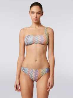 Zigzag viscose one-shoulder bikini with lurex